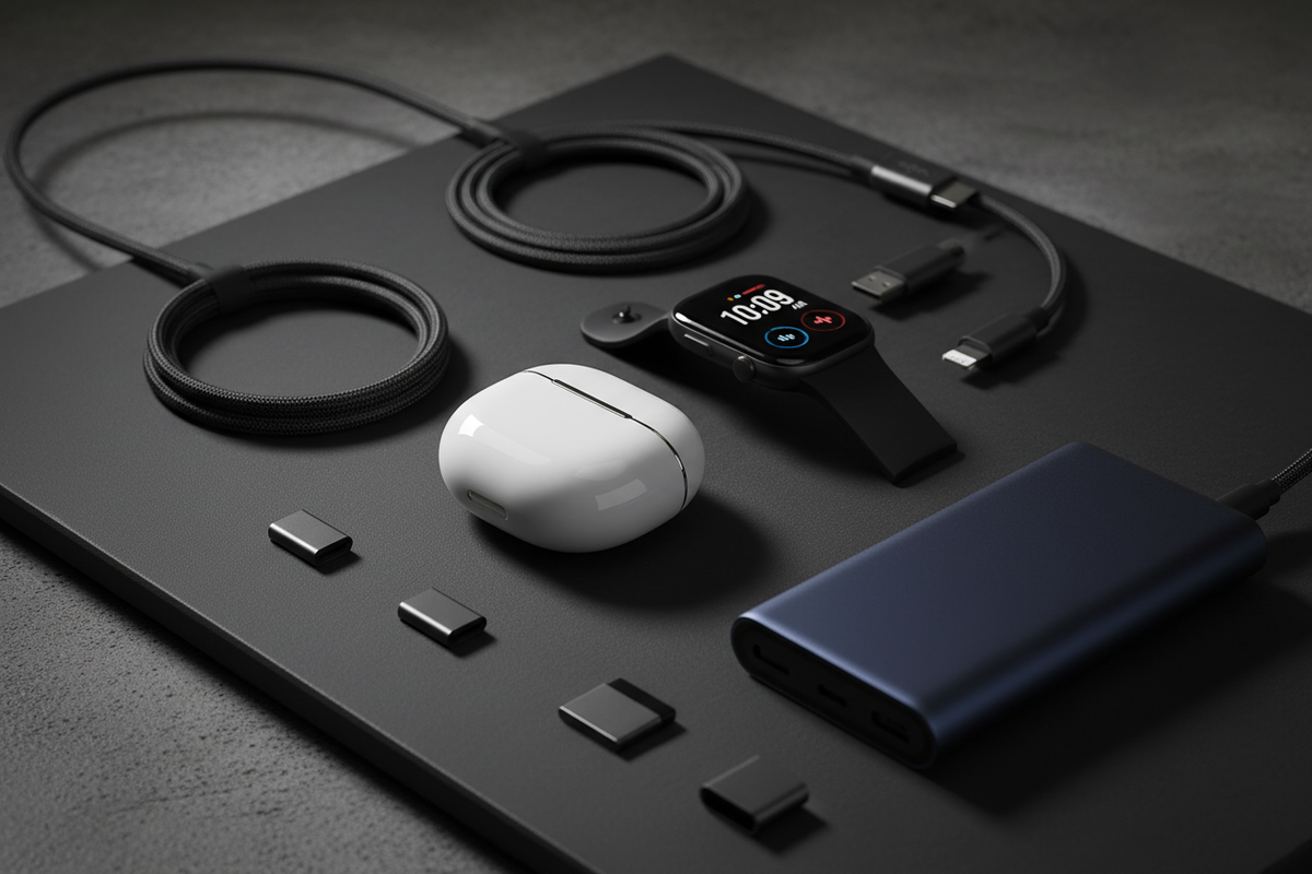 Gadgets dark flat lay